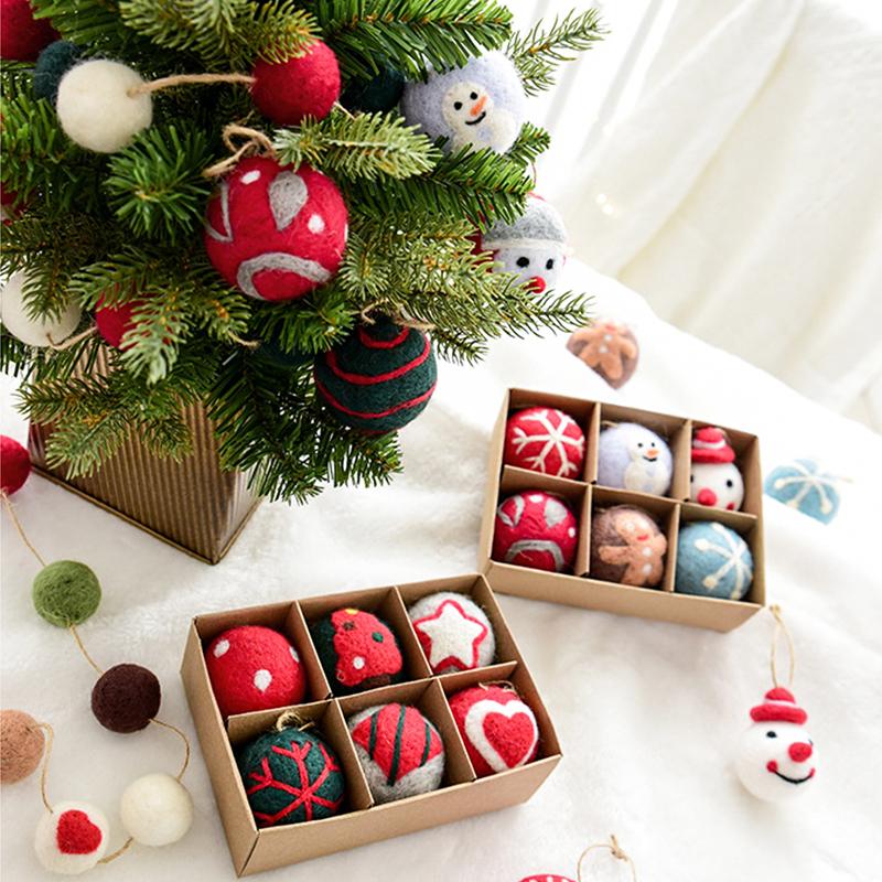 6pcs/box Wool Felt Party Hanging Balls Gifts Christmas Ornaments Home Santa Snowman Window Dsplay Ball Decorations Holiday