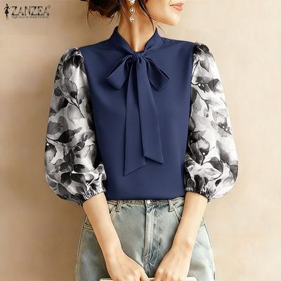 Women Bows Collar Casual Splice 3/4 Sleeve Loose Blouse