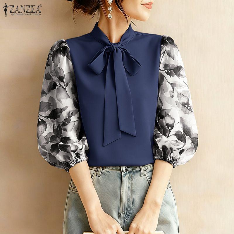 ZANZEA Women Bows Collar Casual Splice 3/4 Sleeve Loose Blouse
