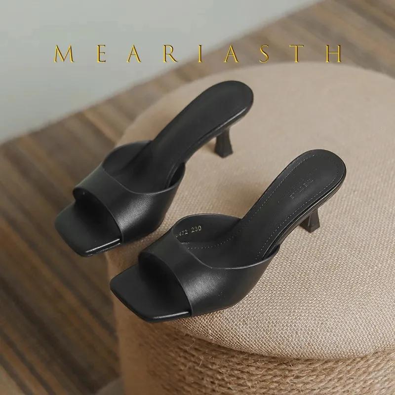 Women's High Heel Slippers Luxury Cowhide Leather Slippers Square Head Mules Slippers Summer Open Toe High Heel Slipper