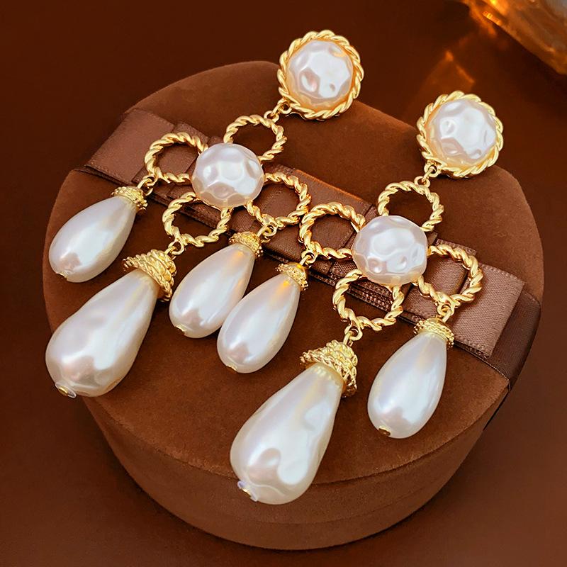 Zinc Alloy Needle Water Drop Pearl Flower Tassel Earrings for Women French Vintage Palace Style Drop Earrings Vintage Zircon
