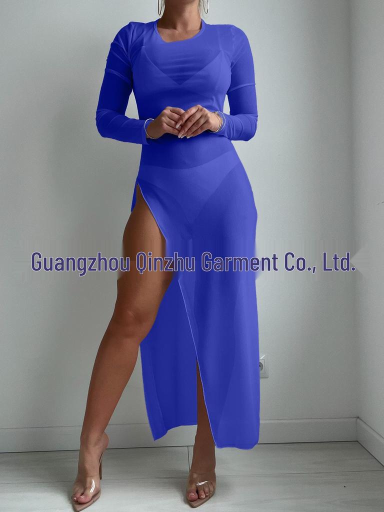 2024 Beach Vacation Mesh Swimsuit Long Cover-Up Dress - Sexy Round Neck Transparent Bikini Cover-Up