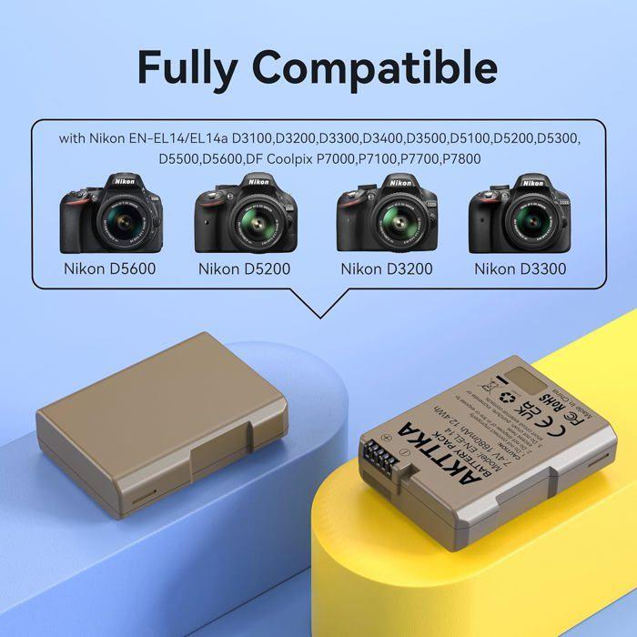 Batterie AKTTKA EN-EL14 1680mAh (2 Pack) avec Chargeur Rapide 20W pour Nikon D3100/D3200/D3300/D5500/D5600