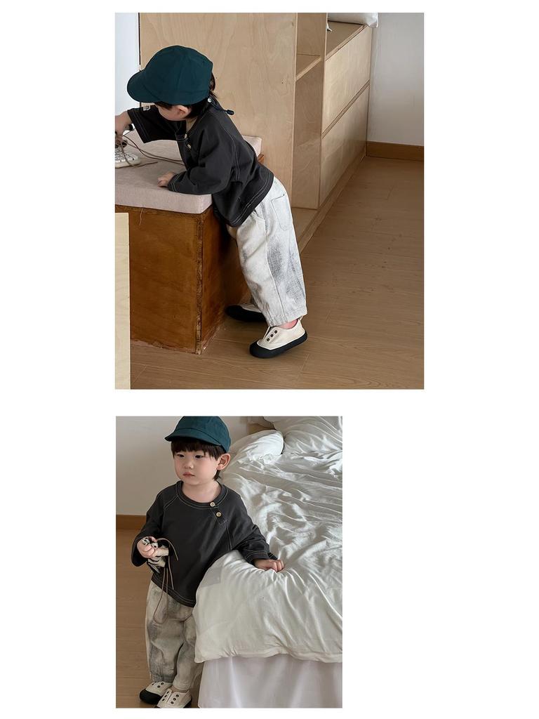 Dziecięcy Jesień 2025 Nowy Zestaw T-shirtu z Okrągłym Dekoltem i Dżinsów - Chłopięca Odzież Jesienna w Stylu Koreańskim