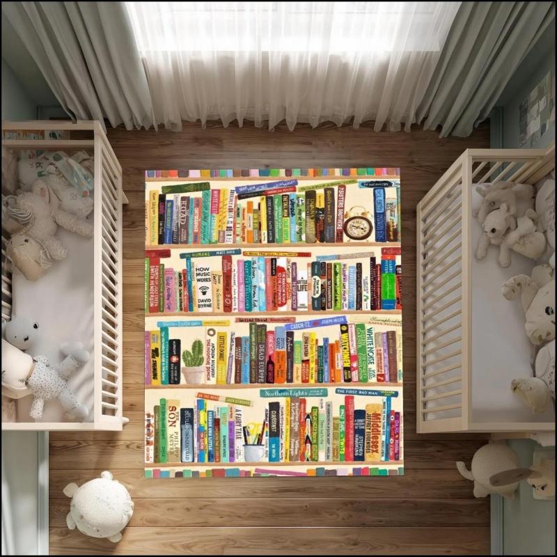 Vintage Bookshelf Colorful Floral Green Plant Non Slip Floor Rug Book Lover Library Reading Room Washable Indoor Living Bedroom Area Carpet