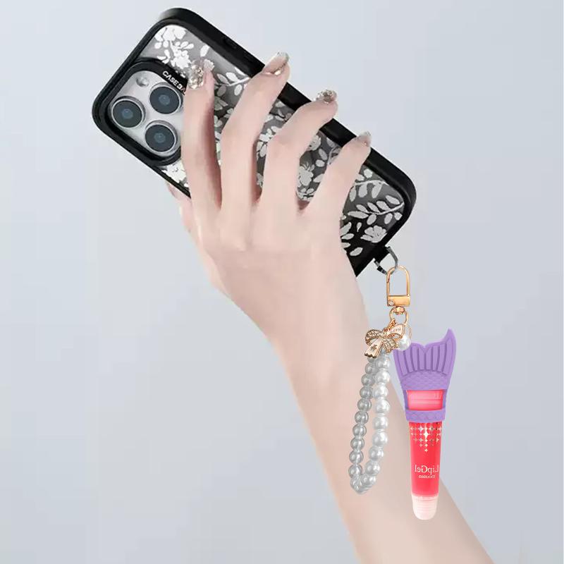 Creative Silicone Lip Balm Holder Pearl Necklace Portable Keychain Lip Gloss Cap Flexible Colorful Lipgloss Sleeve Gift