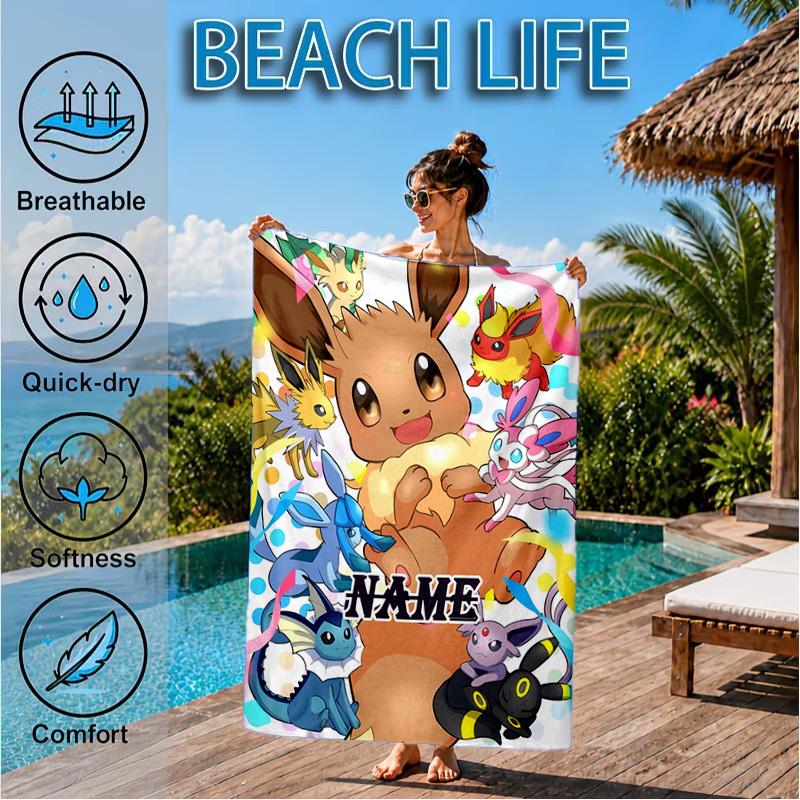 Custom Name Beach Towel Eevee Evolution Microfiber Beach Towel Super Soft & Absorbent for Bath, Beach, Travel  Bath Time Accessory, Fan Gifts