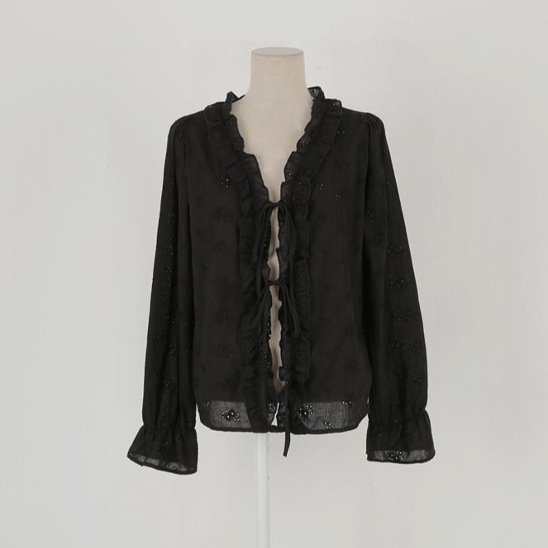 Fashion New Ruffled V-neck White Lace Shirt Women Long Sleeve Tops Lace-up Elegant White Blouse Women Vintage Hollow Solid Slim Fit Female Shirt 26238