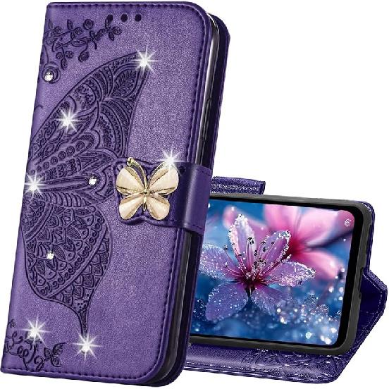 

for Galaxy S24 FE Phone Case Wallet, Women Flip Folio PU Leather Protective Case Wrist Strap Card Slots Holder Stand Case for Samsung Galaxy S24 FE Diamond Butterfly 7