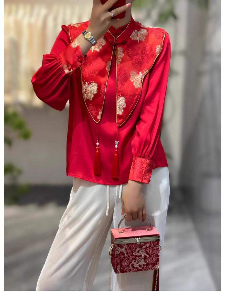 Chinese New Year 2024 Red Silk Dragon Shirt with Trumpet Sleeves