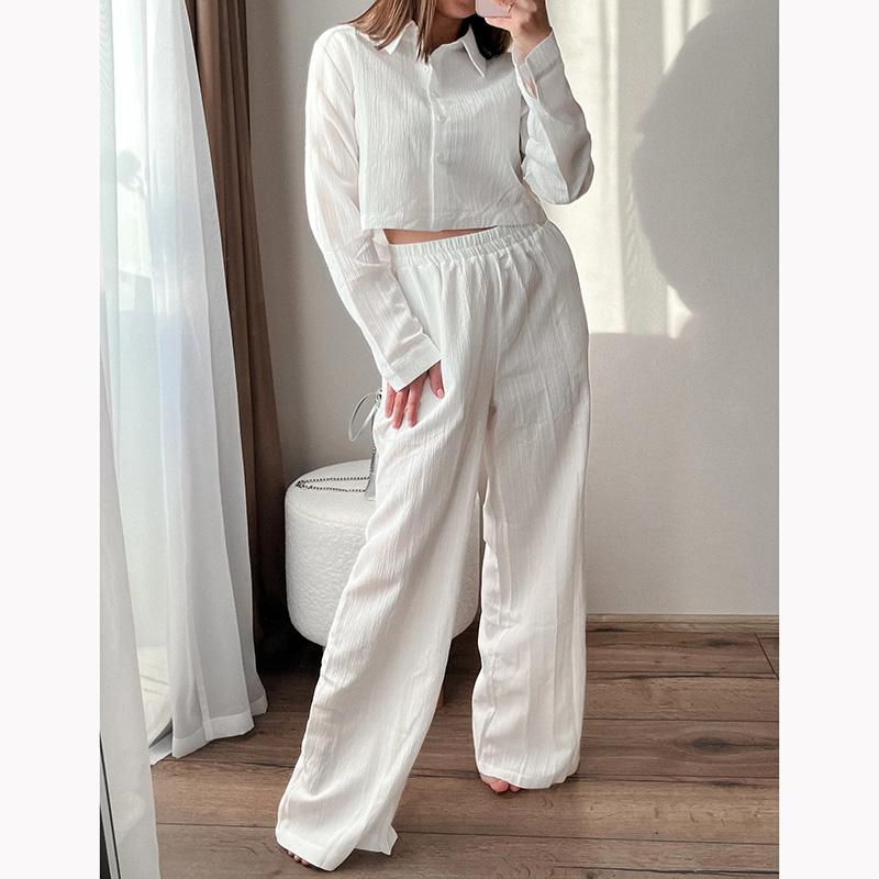 Streamgirl Women Summer Pants Sets 2 Pieces Crop Tops And Wide Leg Pants White Chiffon Thin Two Pieces Pant Sets Women's Suits