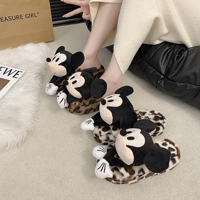 Cute Cartoon Mickey Cotton Slippers Women's 2025 New Autumn and Winter Indoor Home Warmth Fluffy Slippers Outer Wear Thick Bottom