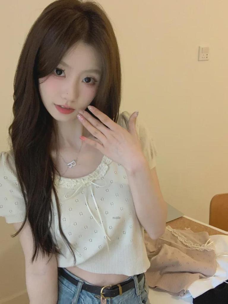 2024 Summer Lace Bow Knitted Short Sleeve T-Shirt - Women's Slim Fit Sweet Student Top