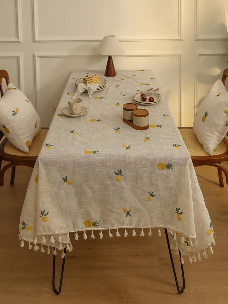 Table Cloth Embroidery Floral Pattern Wrinkle Free Heavy Weight Cotton Linen Farmhouse Tablecloth Decorative Fabric Tassel Table