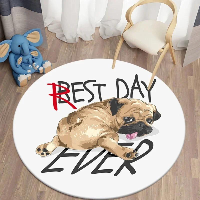 Cute Pug Dog Round Carpet Kawaii Pet Area Rug for Living Room Bedroom Decor Anti-Slip Floor Mat Circle Kitchen Entrance Doormat