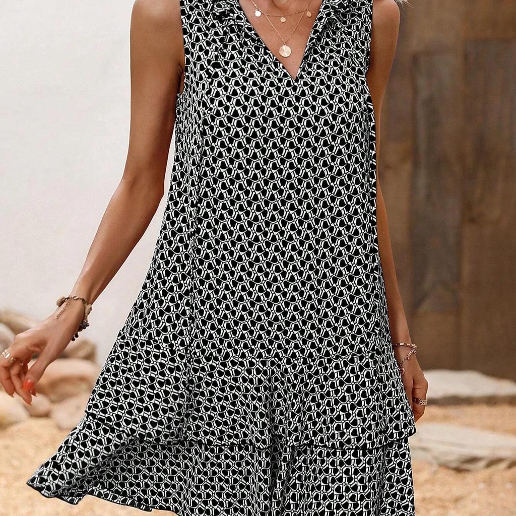 European and American Printed Bow Tie Short Lace Dress