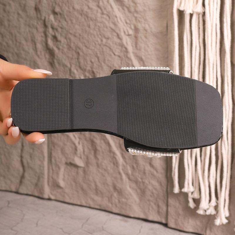 Plus Size Women's Korean Style Solid Color Square Toe One Strap Rhinestone Flat Slip on Slide Sandals