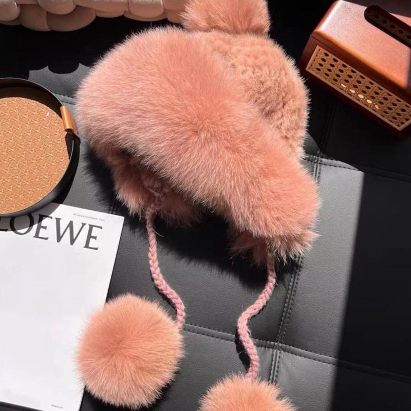 Mink Fur Hat Lei Feng Hat Natural Fur Hat With Fox Fur Ball With Ear Protection Winter Hat For Women Female Warm Knitted Hat