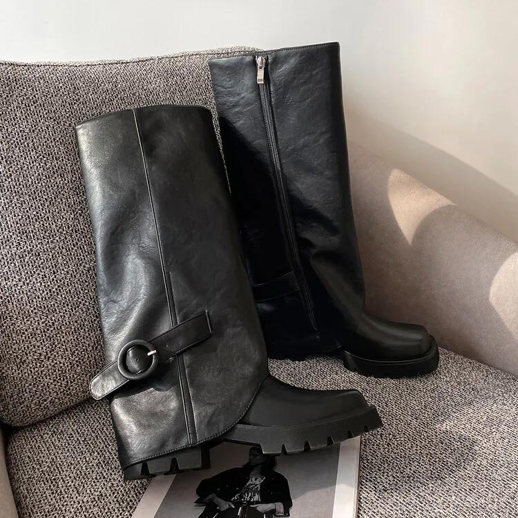 Fashion Elegant Black Belt Buckle Straight Tube Knee High Skirt Boots Women's Autumn Winter Fashion 5cm Thick Heel Western Long Boots