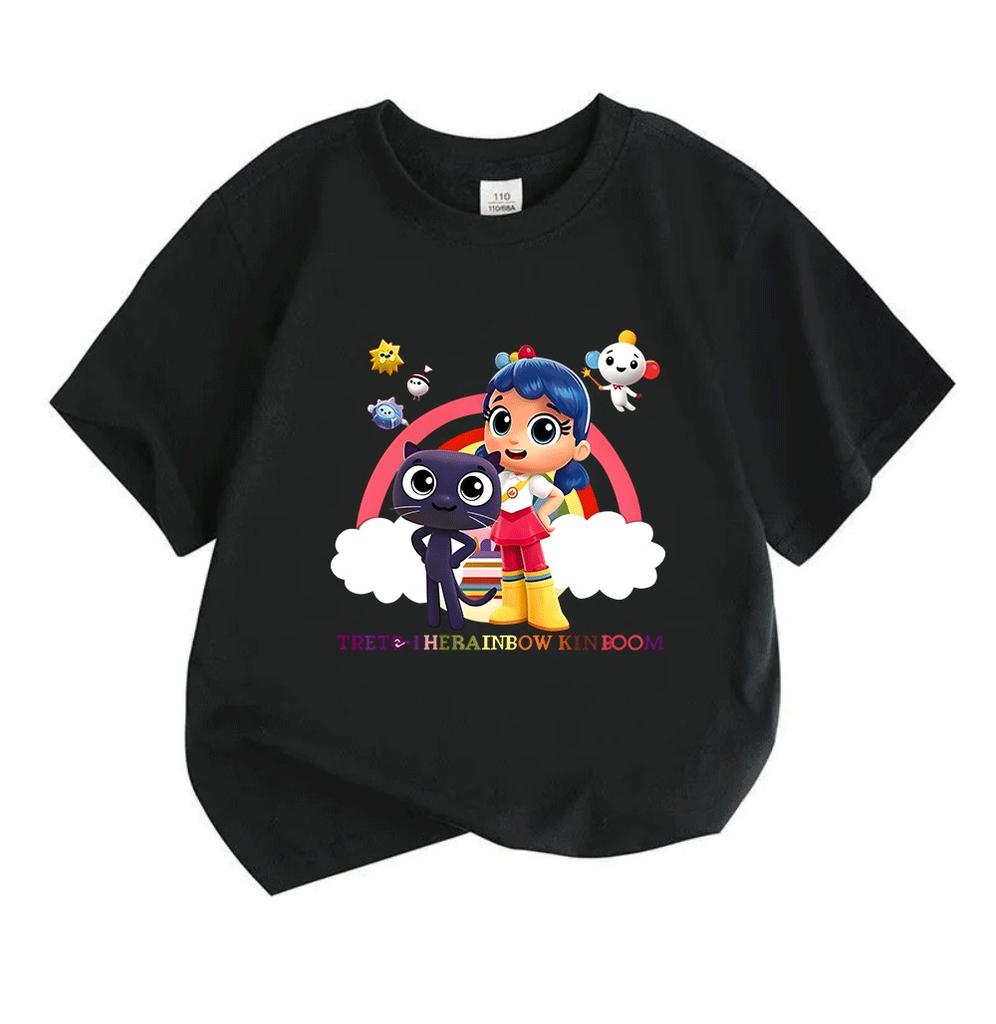 Cartoon Cute Blue Hair Girl Dark Cat Print Kids T Shirt, 100% Cotton Casual Short Sleeve Round Neck Tees for Boys Girls, Lightweight Soft Summer Tops