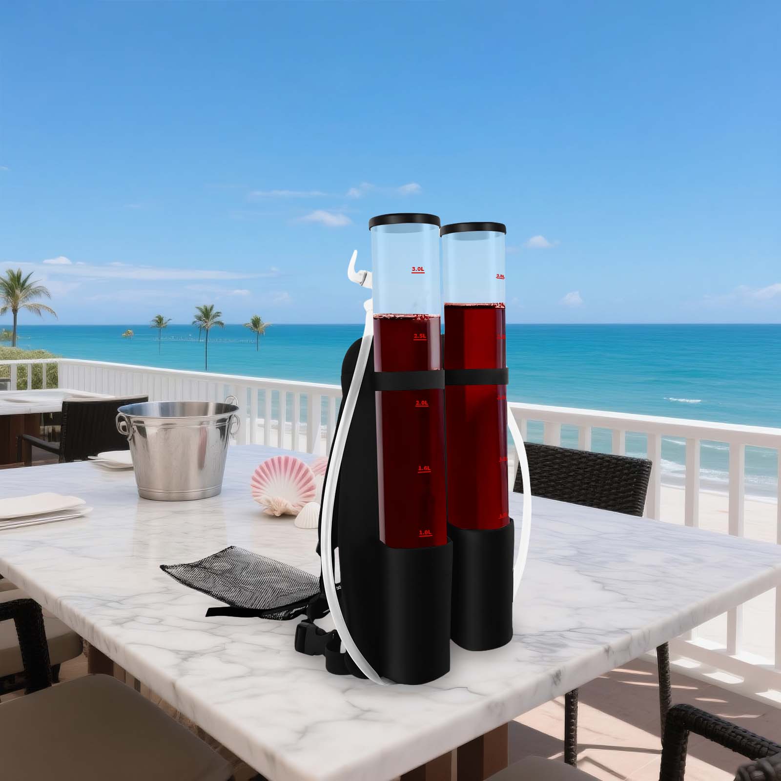 

Double Barrel Backpack Beer Dispenser, 3L + 3L Acrylic Portable Draft System, Black & Clear Keg with Faucets & Hoses for Camping