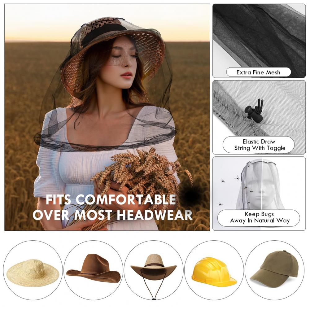 Mosquito Head Net Fine Mesh Face Netting with Drawstring for Hat Breathable Men Women Protection from Midges Insects Gnats