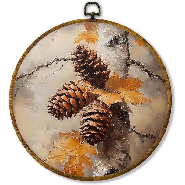 shiviody Fall Halloween Pumpkin Canvas Wall Art Decor, Autumn Halloween Hat Wall Art, Dark Moody Thanksgiving Round Hanging Frame Prints Decorations