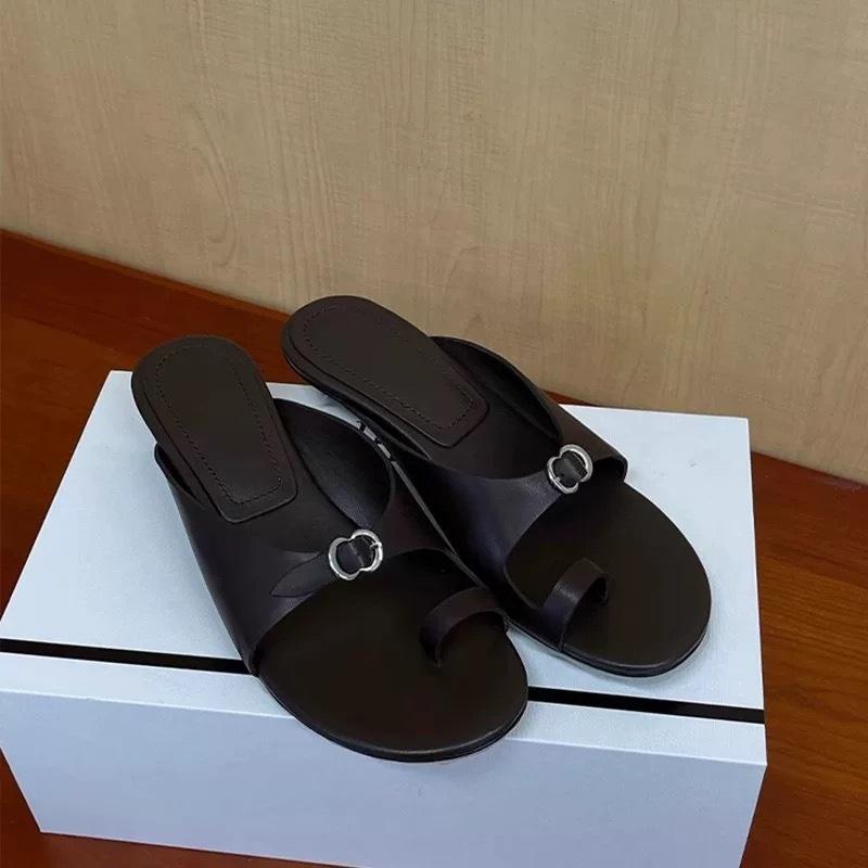 Cowhide Version~ Retro Niche Set Toe One-word Cool Slippers Women's Outer Wear Belt Buckle Low-heeled Sandals
