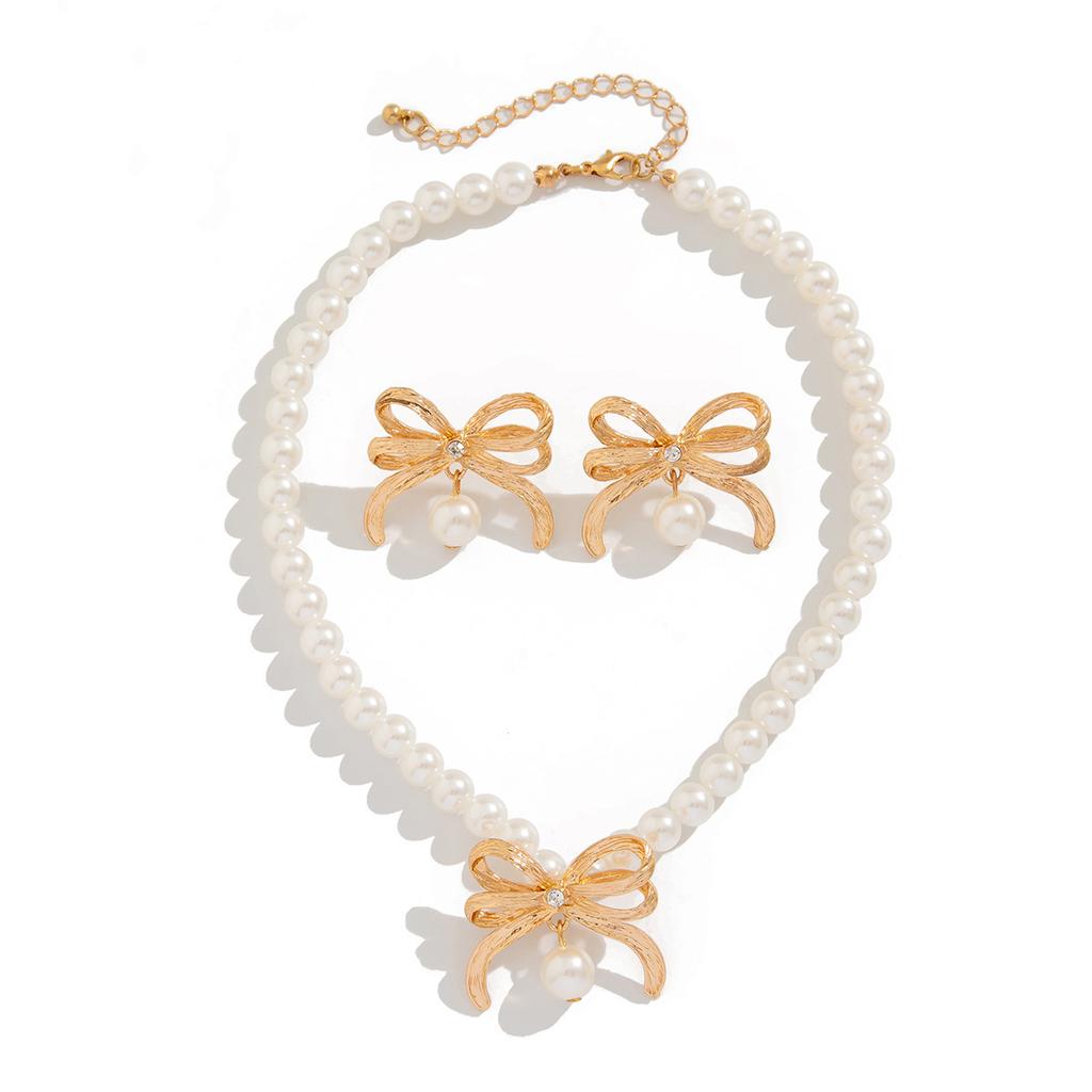 Simulation Pearl Bow Choker for Women Bowknot Necklace Earrings Wedding Jewelry Accessories