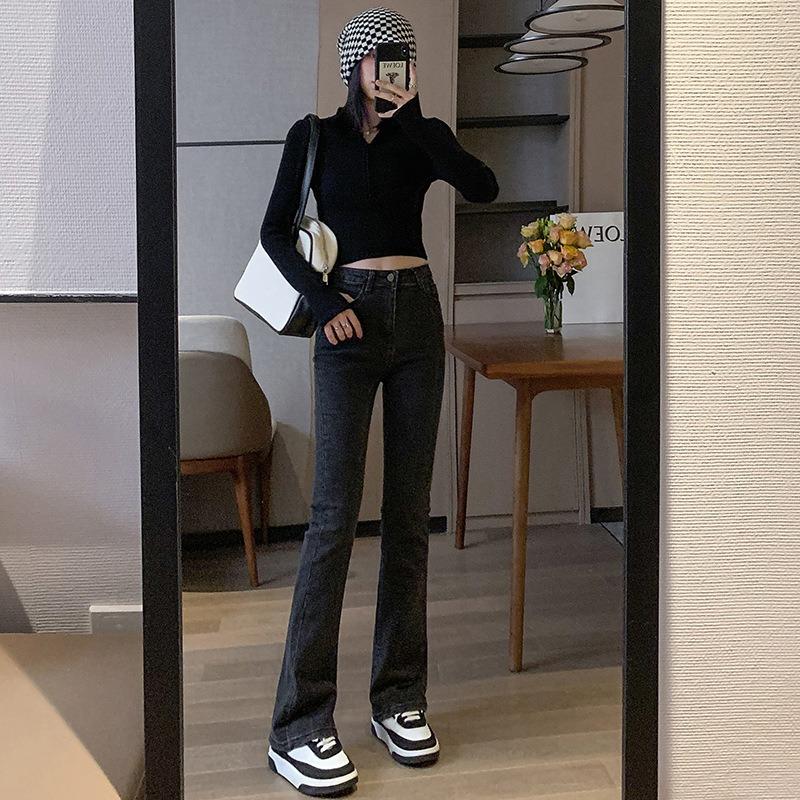 Fleece Thickened Black Flared Jeans Women's Trousers, High Waist Elastic, Thin, Warm and Slightly Mop Pants
