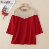 ZANZEA Women Casual Crew Neck 3/4 Sleeve Loose Patchwork Blouse