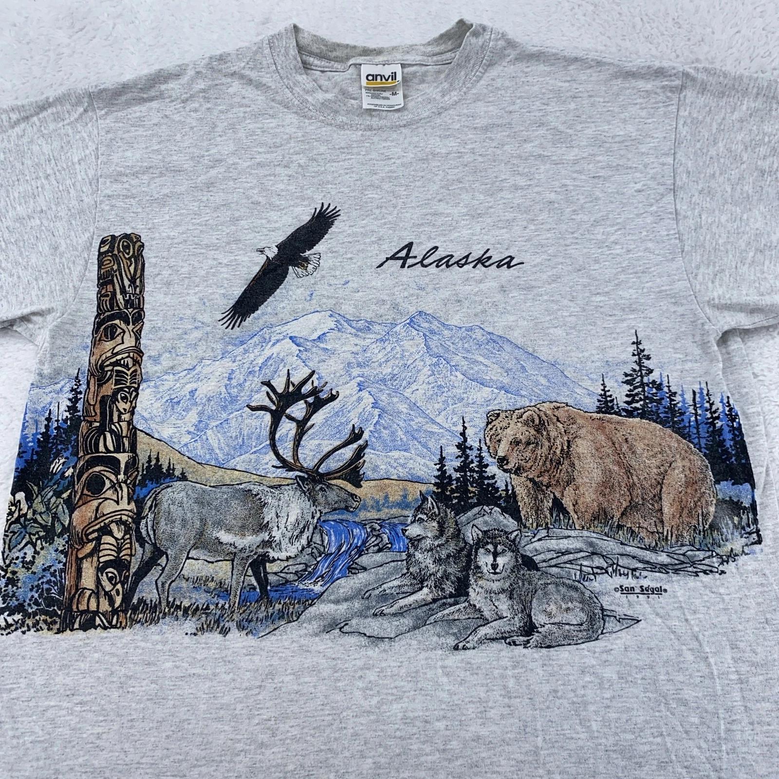 Vintage 90s Alaska Wildlife Nature Shirt Mens Medium Bear Wolf Eagle S