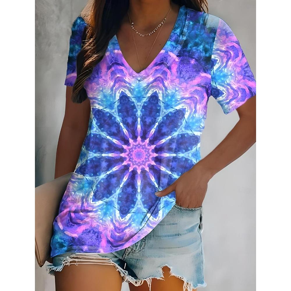 Women's Summer Tops Tie Dye Casual Sleeveless Short Sleeve V Neck Regular Tops Daily Print Spring Colorful T-shirts