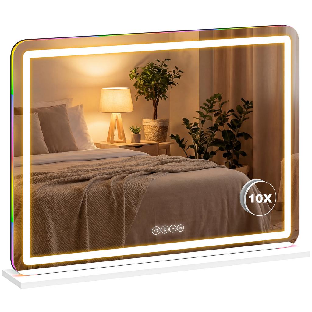 Vanity Mirror with Lights, Dimmable Makeup Mirror with Adjustable Colour Temperature, RGB Light, Bluetooth Speaker White