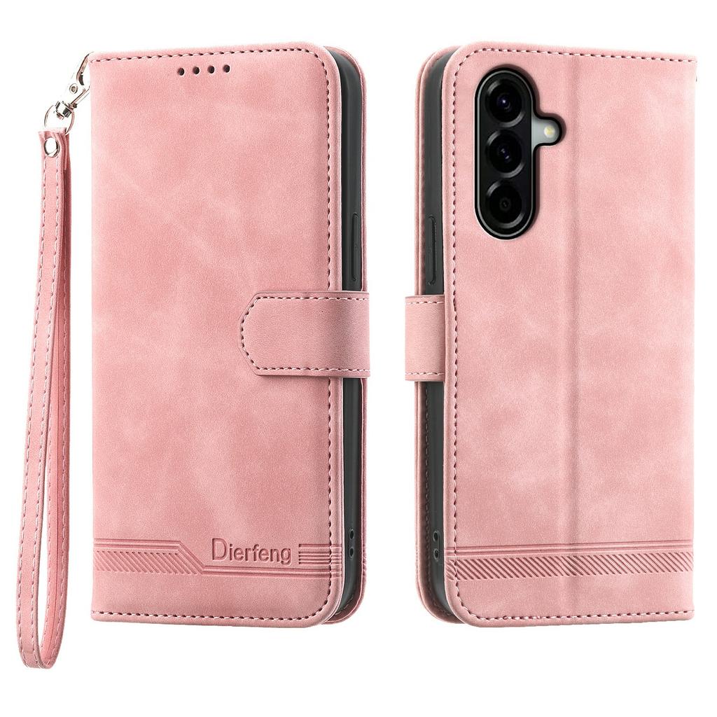 DIERFENG DF-03 For Samsung Galaxy A57 5G Case Lines Imprint Wallet Leather Phone Cover with Wrist Strap