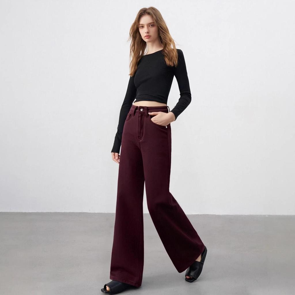 Women's Wide-Leg Wine Red Cotton Jeans - High Waist, Loose Drape, Casual for Autumn/Winter, Japanese Korean Style