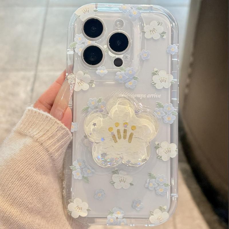 Cute Quicksand Flower Holder Phone Case For iPhone 16 15 14 13 12 11 Pro Max Plus Stand Floral Clear Soft Shockproof Cover