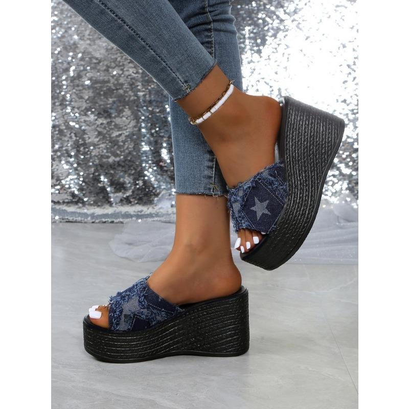 Women's Slope-heeled Slippers, Women's Denim Thick-soled Slope-heeled Slippers