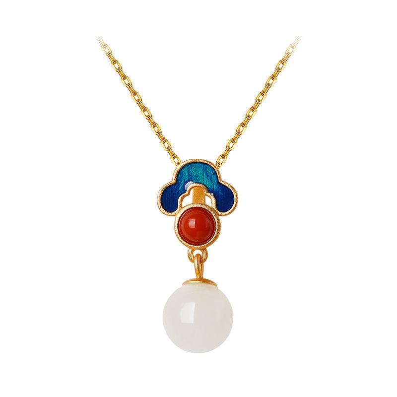 925 Silver Gilded Hetian Jade Enamel Pendant Necklace - Retro Chinese Style