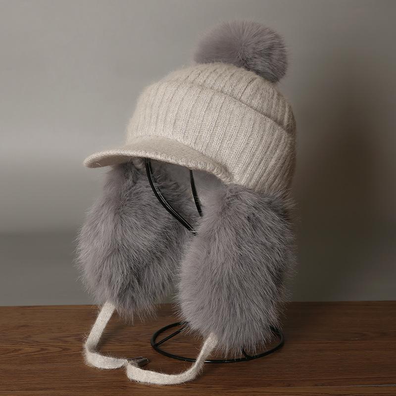 Autumn and winter plush warm ear protection rabbit fur hat hairball face ducktongue knitted hat girls hat