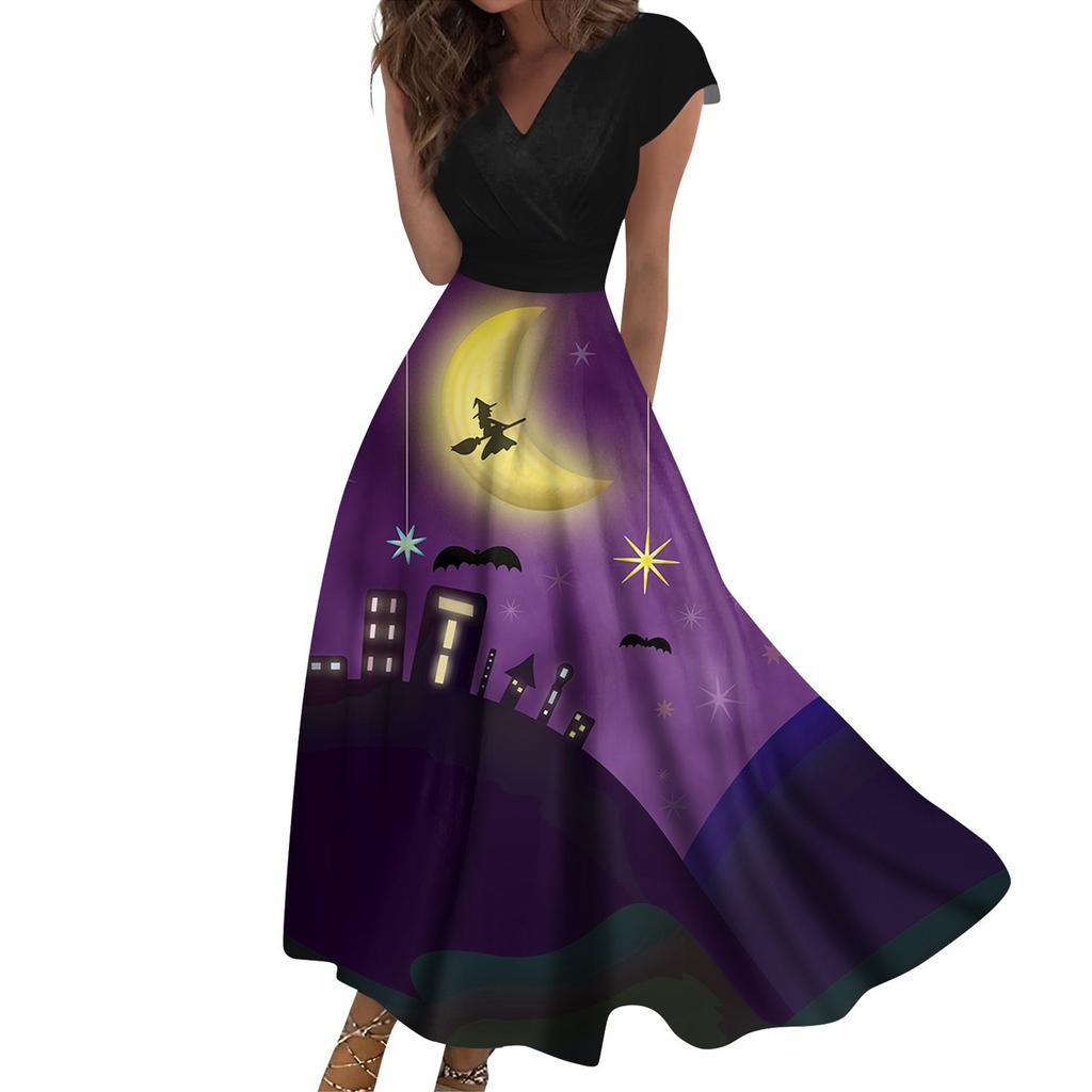 Women's Long Dress Maxi Dress Casual Dress Casual Short-Sleeve V Neck Boho Waist Halloween Printed Dress