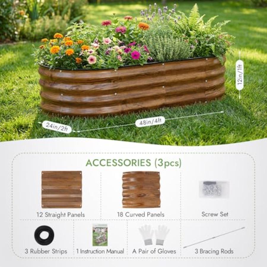 3Pcs Galvanized Raised Garden Bed Kit Outdoor Metal Raised Garden Beds for Vegetables Rust-Resistant Easy Assembly 4x2x1ft Oval