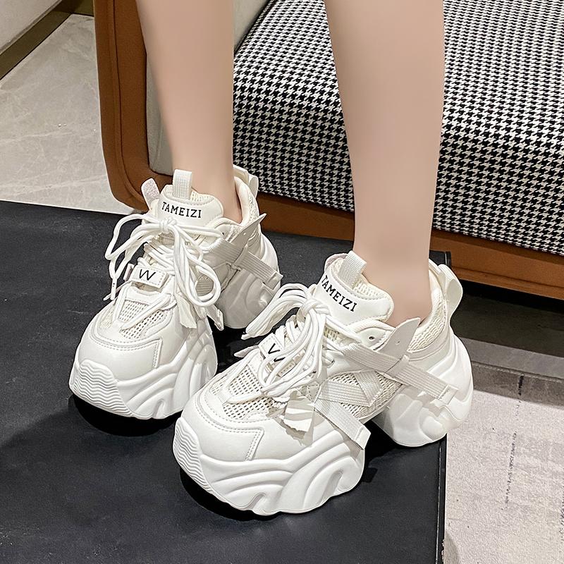 Fashion Women Platform Breathable Leather Shoes New Autumn Chunky Sneakers 7CM Wedge Hidden Heels Leisure Sports Casual Dad Shoes Woman