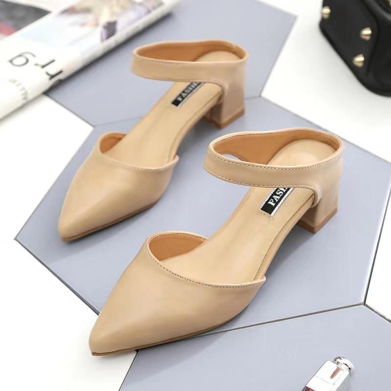 Spring and Summer Bag Head Medium Heel Cool Slippers Women Pointed Head Thick Heel Half Slippers Trendy Summer Sandals Women