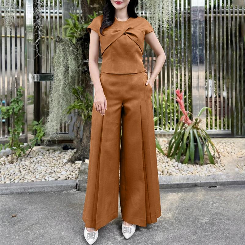 

ZANZEA Женская блузка с коротким рукавом и брюки Повседневные костюмы-двойки 5XL