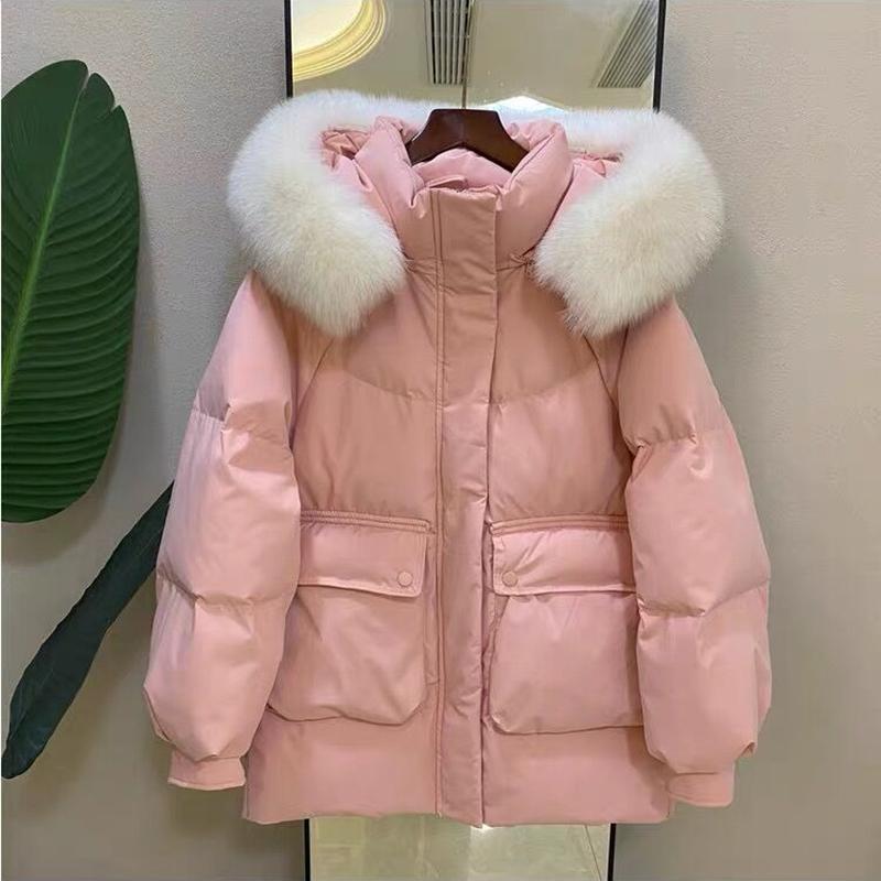 Women's Winter Autumn Hooded Fur Collar White Duck Down Jacket Coat Loose Solid Color Big Pocket Thicken Down Coat