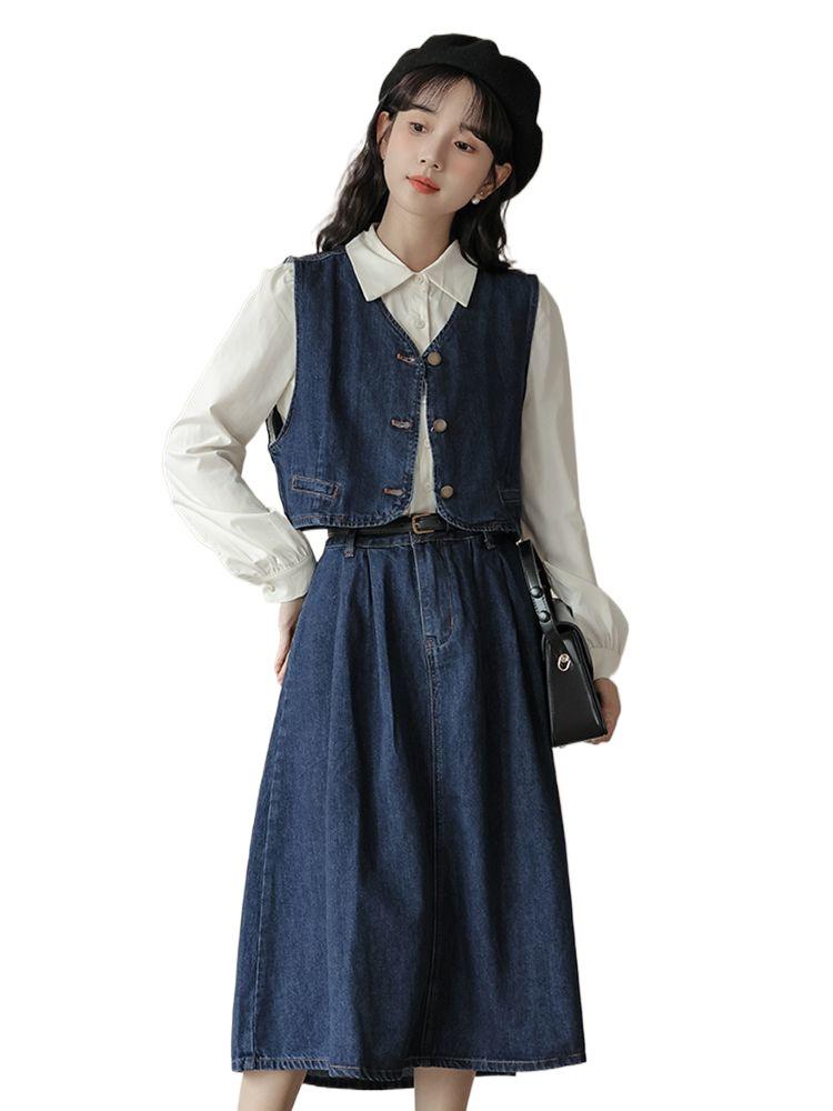 Retro Denim Vest & Midi Skirt Three-Piece College Style Set