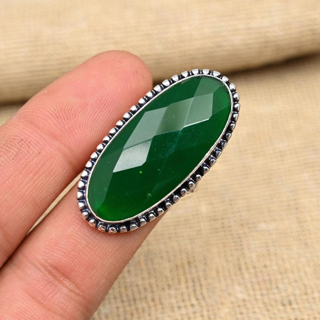 Faceted Green Onyx Gemstone Handmade 925 Sterling Silver Wedding Jewelry Ring