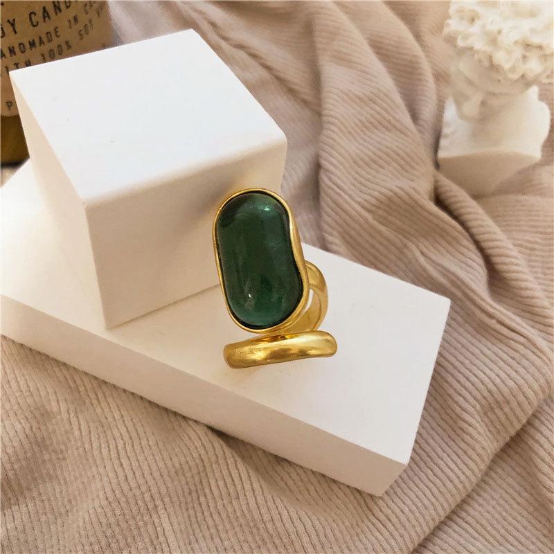 European S925 Vintage Emerald Gemstone Index Ring for Women - Trendy French Style Internet Celebrity Personality Accessory Adjustable Opening