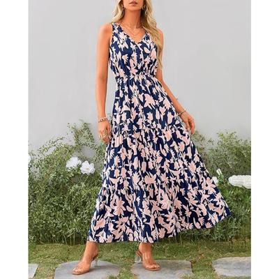 Summer Women's Dress V-Neck Elastic Waist Printed Casual Sleeveless Dresses